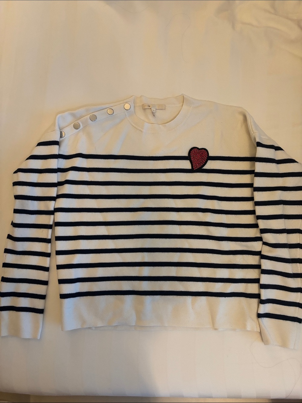 Maje Striped Crewneck Sweater with Red Heart Patch